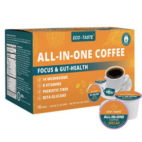 ECO-TASTE Decaf Mushroom Coffee K-Cup close-up for convenient energy on the go