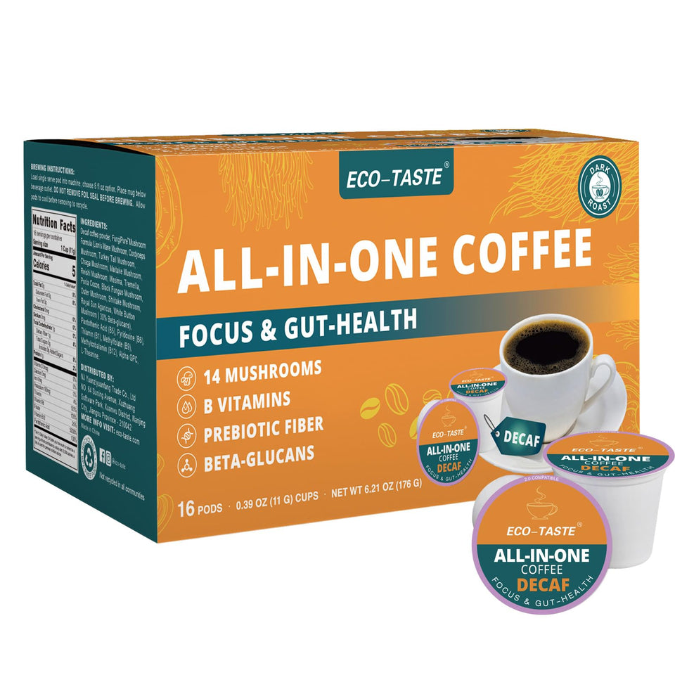 ECO-TASTE Decaf Mushroom Coffee K-Cup close-up for convenient energy on the go