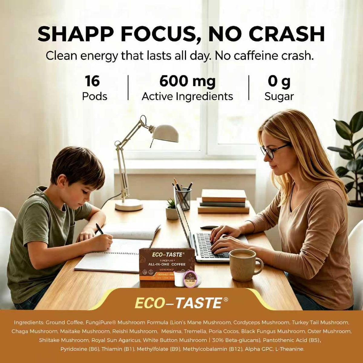 Eco-Taste Mushroom Coffee K-Cup closeup ingredients reveals premium mushroom blend.