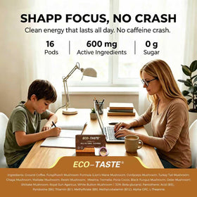 Eco-Taste Mushroom Coffee K-Cup closeup ingredients reveals premium mushroom blend.