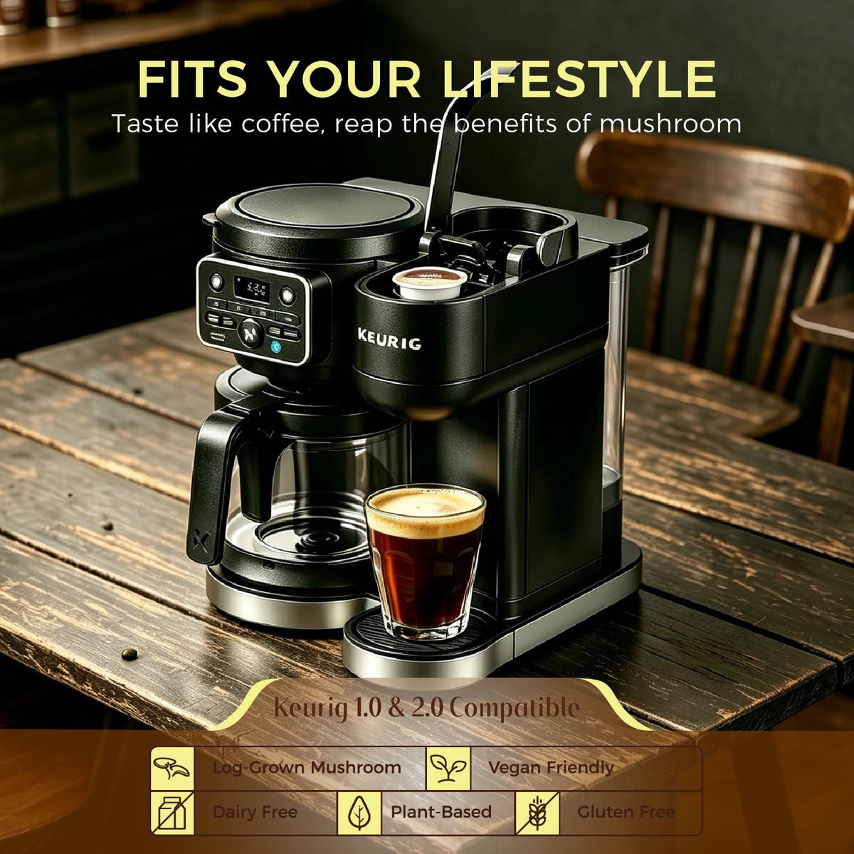 Eco-Taste Mushroom Coffee K-Cup recyclable cup and lid promoting sustainability.