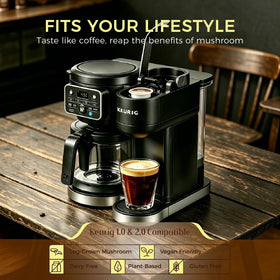 Eco-Taste Mushroom Coffee K-Cup recyclable cup and lid promoting sustainability.