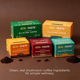 Eco-Taste Mushroom Coffee K-Cup steaming cup highlights focus-friendly aroma.