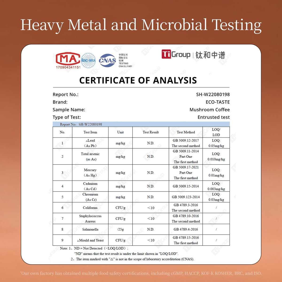 Lab-testing seal on ECO-TASTE confirms safety and quality through third-party verification