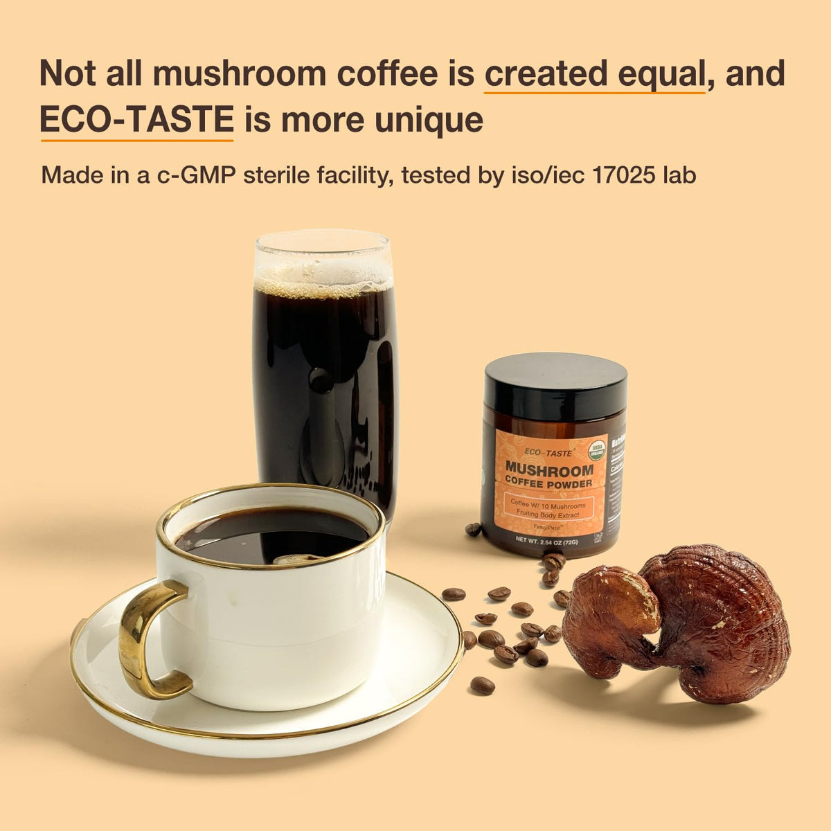 ECO-TASTE Mushroom coffee ready for a morning ritual and focused start.