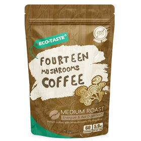 ECO-TASTE Mushroom Coffee packaging highlighting a 14-mushroom blend and sugar-free formula