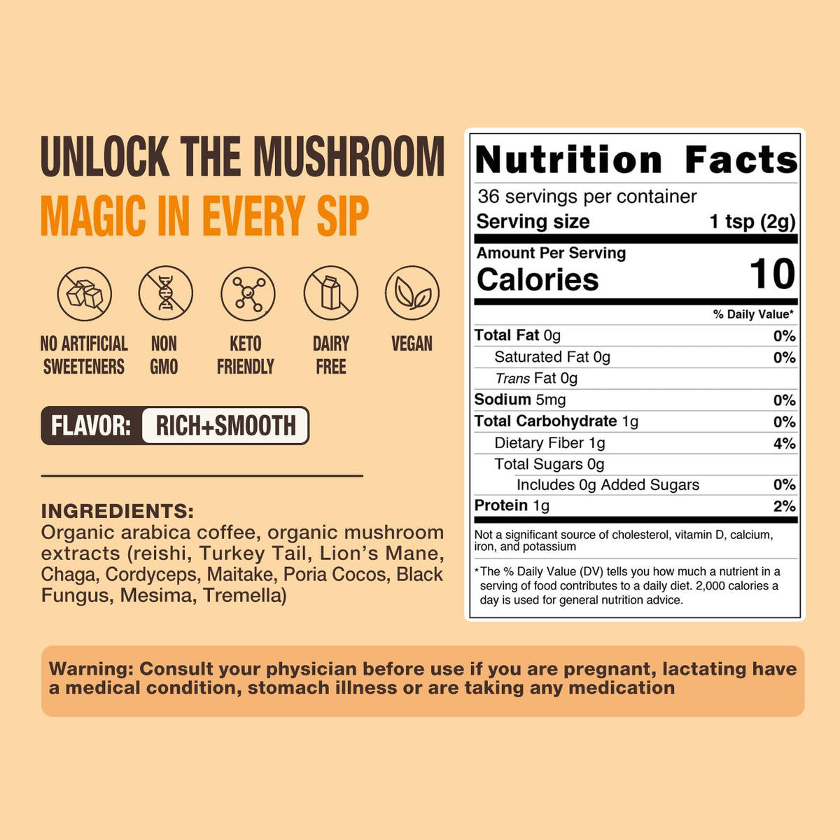ECO-TASTE Organic Mushroom Coffee caffeine label highlights lower caffeine and steady energy.