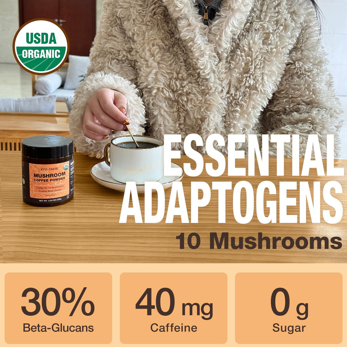 ECO-TASTE Organic Mushroom Coffee cup ready to enjoy with a smooth aroma.