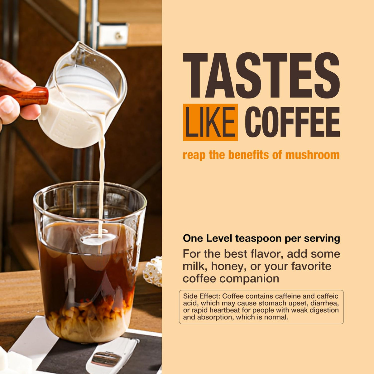 ECO-TASTE Organic Mushroom Coffee dry-processing close-up shows crisp solubility.
