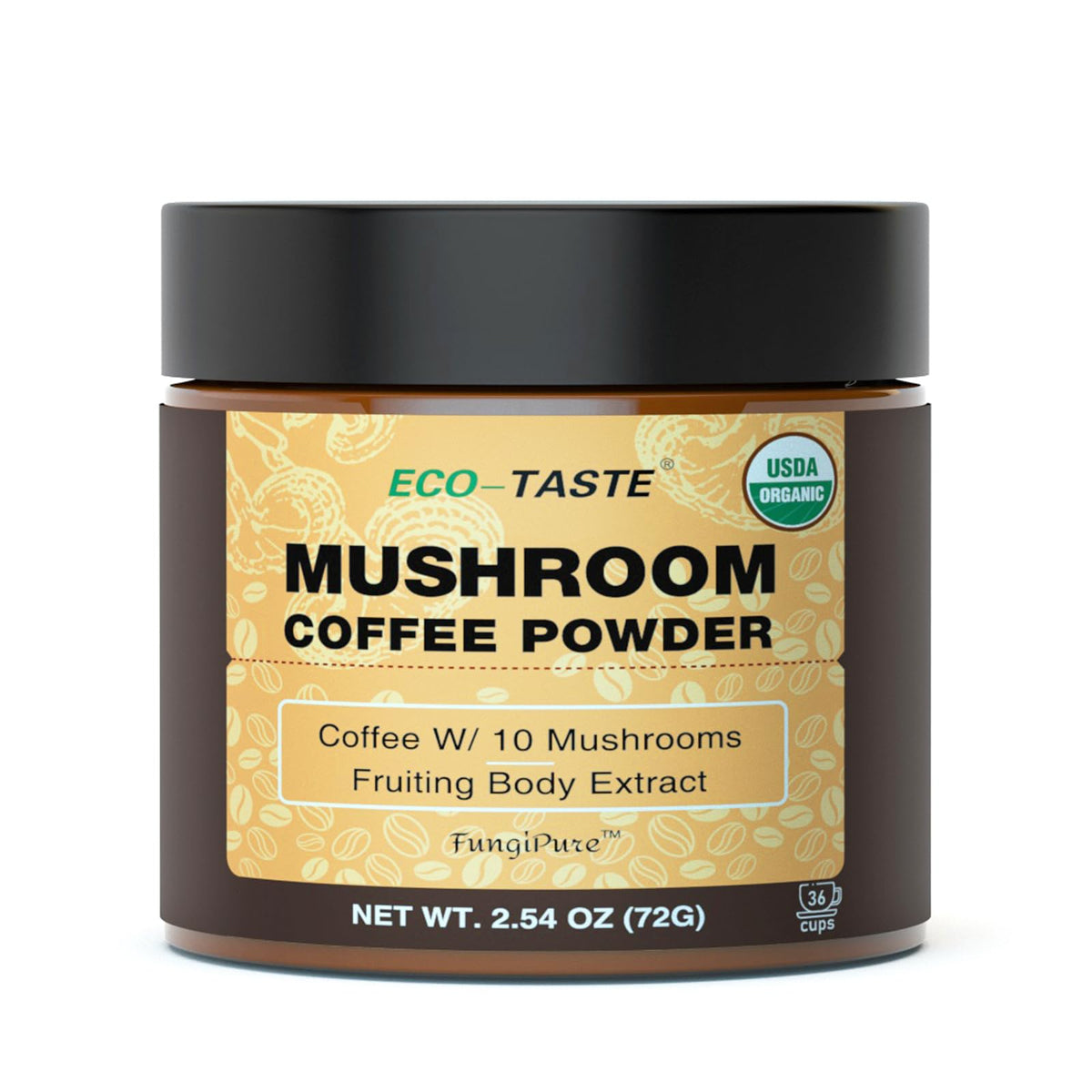 ECO-TASTE Organic Mushroom Coffee pack shows packaging for 72g, 36 servings.