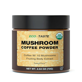 ECO-TASTE Organic Mushroom Coffee pack shows packaging for 72g, 36 servings.