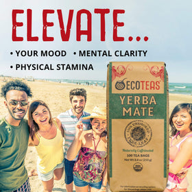 ECOTEAS gluten-free non-GMO yerba mate tea bags in a tidy bulk pack.
