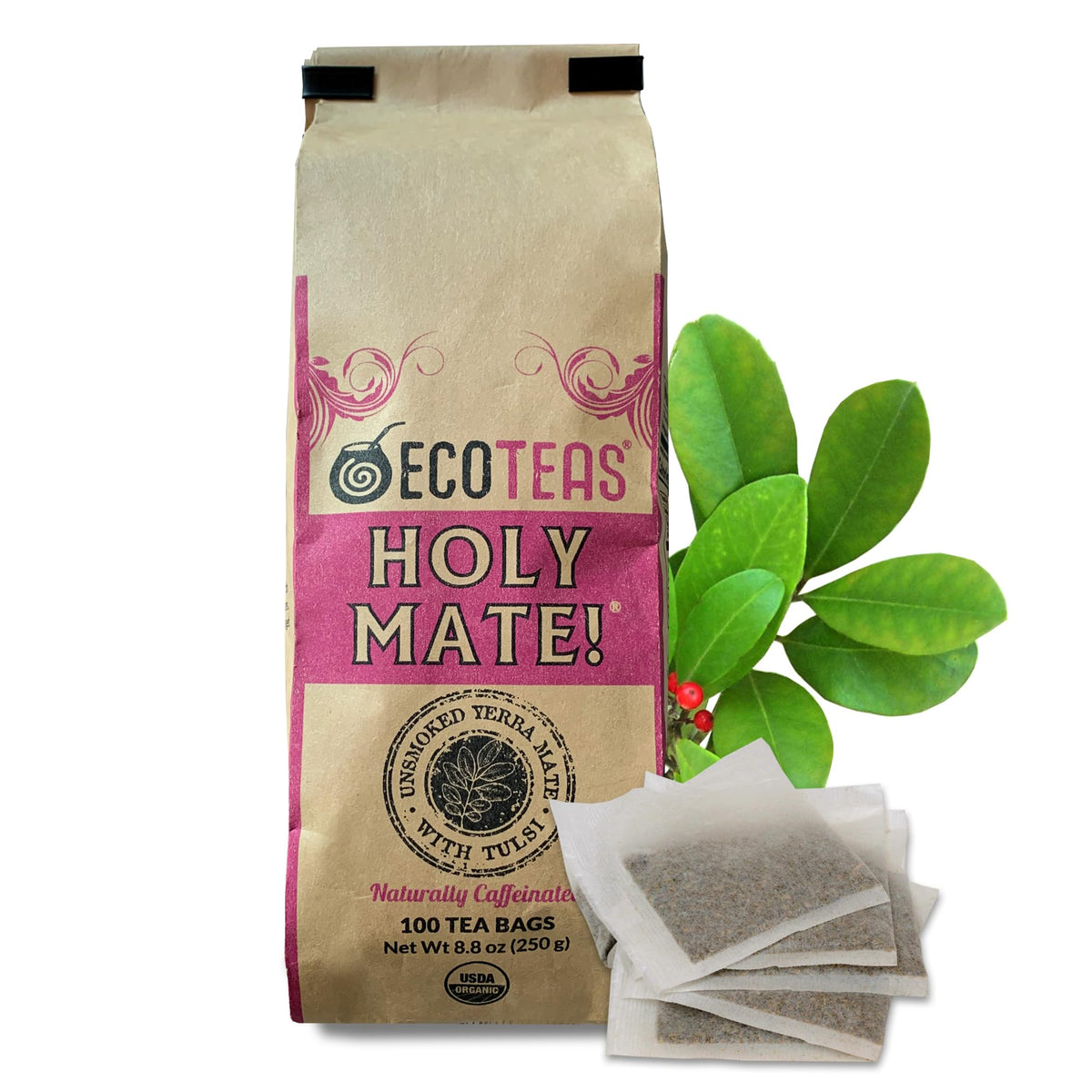 ECOTEAS Holy Mate tea bags exterior pack for easy bulk brewing and on-the-go use