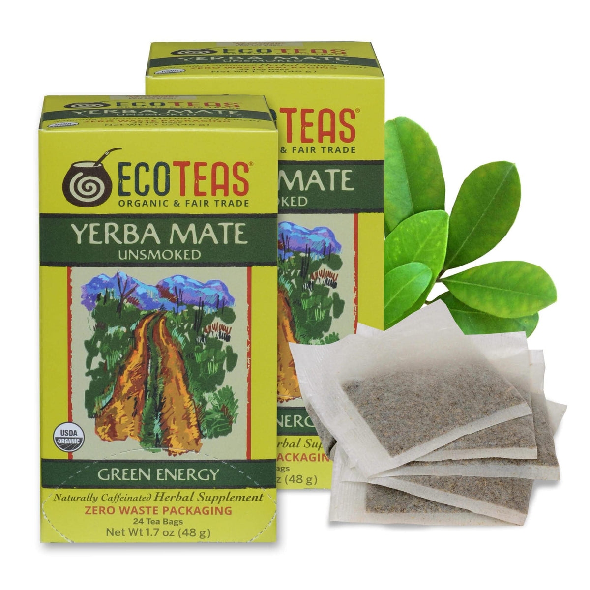 ECOTEAS organic yerba mate tea bags packaging for easy two pack