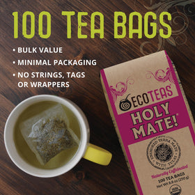 Closeup of ECOTEAS organic yerba mate tea bags showing quality leaves