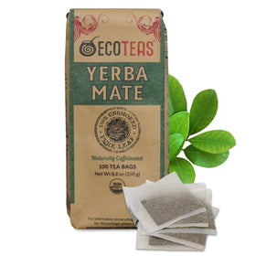 ECOTEAS Premium Organic Yerba Mate tea bags showing smooth, unsmoked leaves for daily vitality.