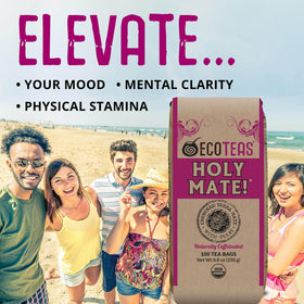 Tulsi-based ECOTEAS stress-support blend evoking calm and focus