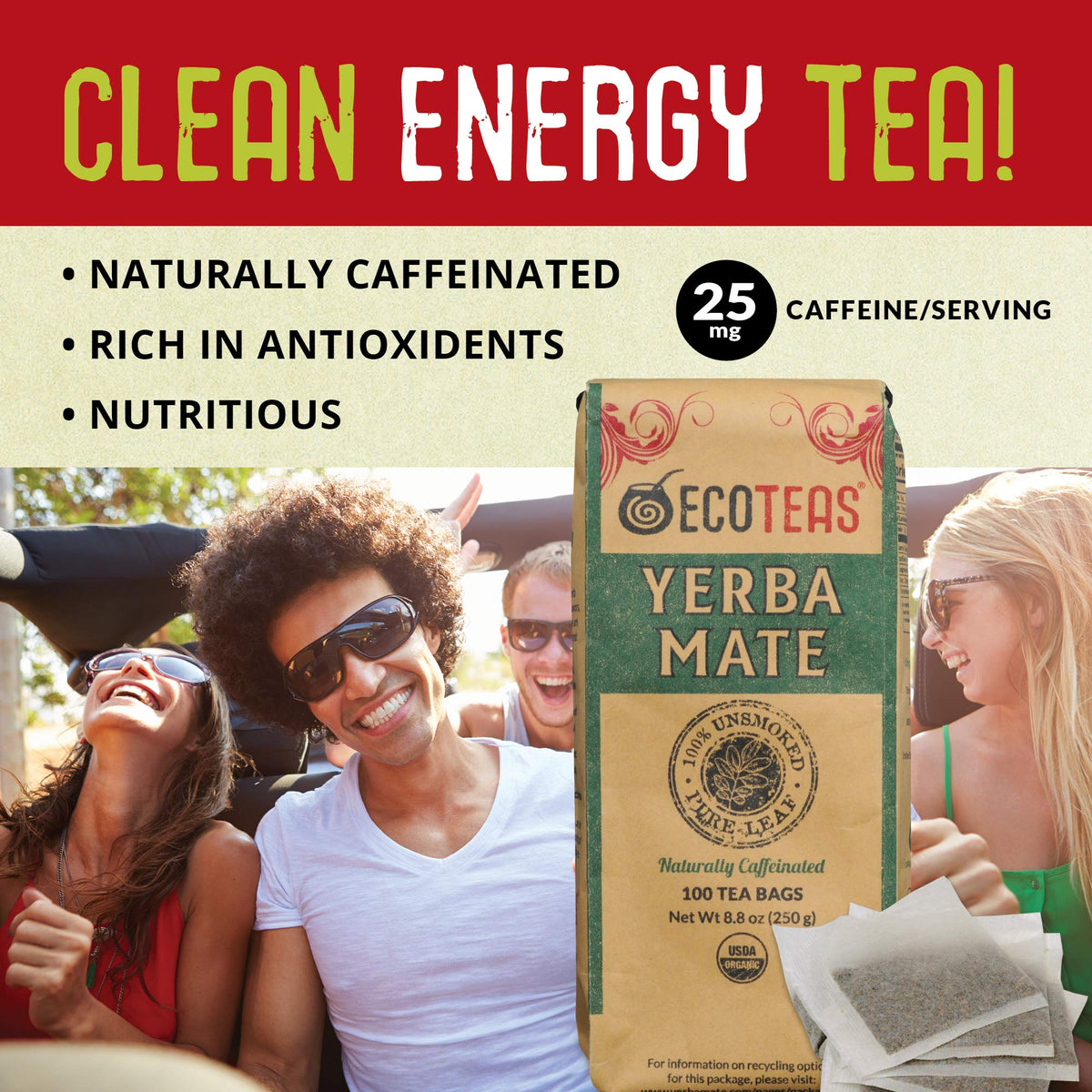 ECOTEAS tea bag in cup steeping for a clean, flavorful brew.