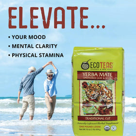 ECOTEAS traditional cut yerba mate with leaf, stem and powder for balanced brew.