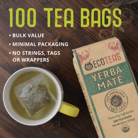 ECOTEAS unsmoked yerba mate tea bags bulk pack ready for easy brewing.