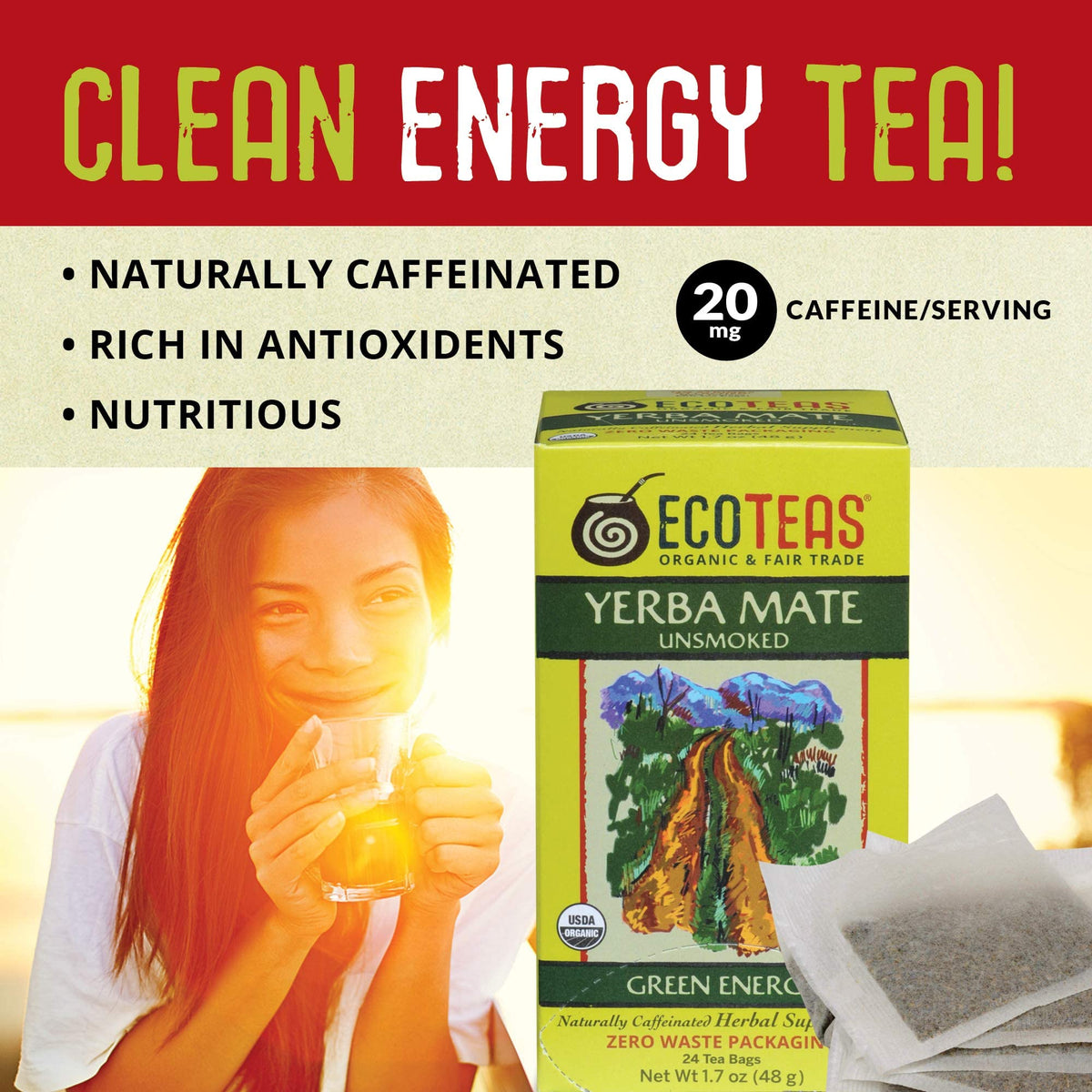 ECOTEAS organic, non-GMO, kosher tea sourced from a fair-trade Argentina farm