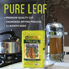 ECOTEAS yerba mate in scoop highlighting pure leaves for consistent brews