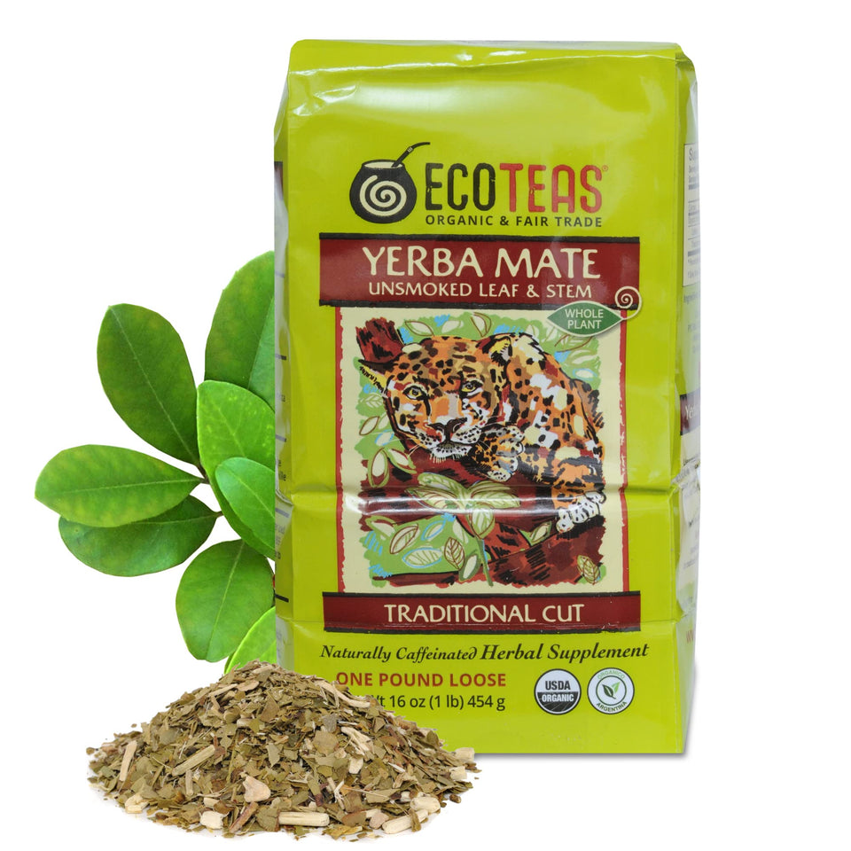 ECOTEAS Yerba Mate loose leaf in mug delivers a smooth, aromatic cup.