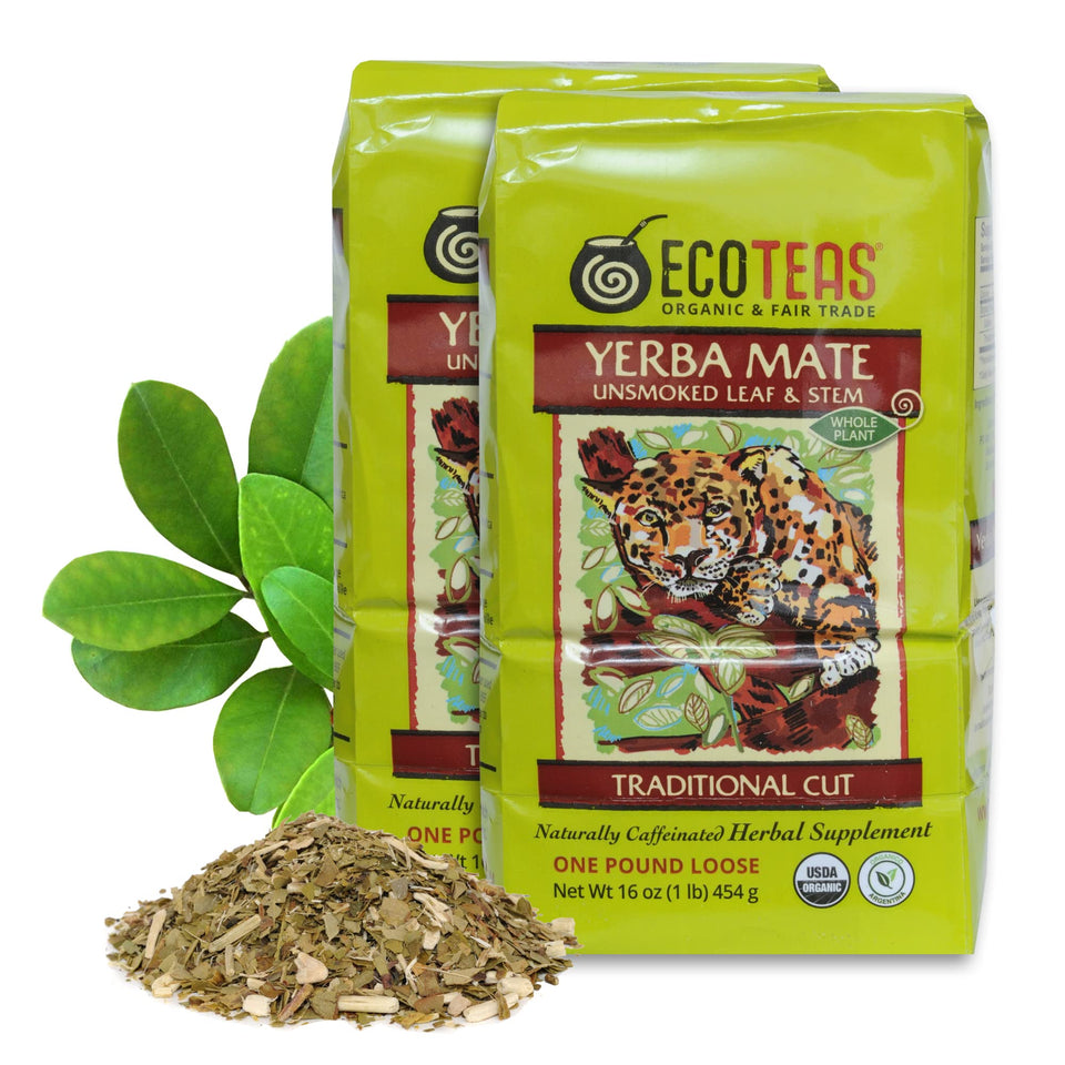 ECOTEAS Yerba Mate loose leaf close-up for a clean, earthy cup