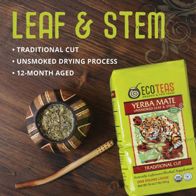 ECOTEAS Yerba Mate traditional cut mix reveals leaf, stem, and powder balance.