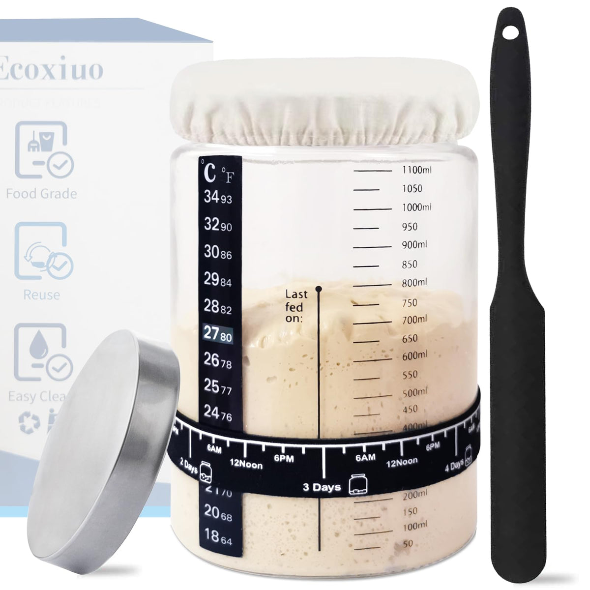 Ecoxiuo sourdough starter jar 40oz with clear glass for monitoring fermentation.