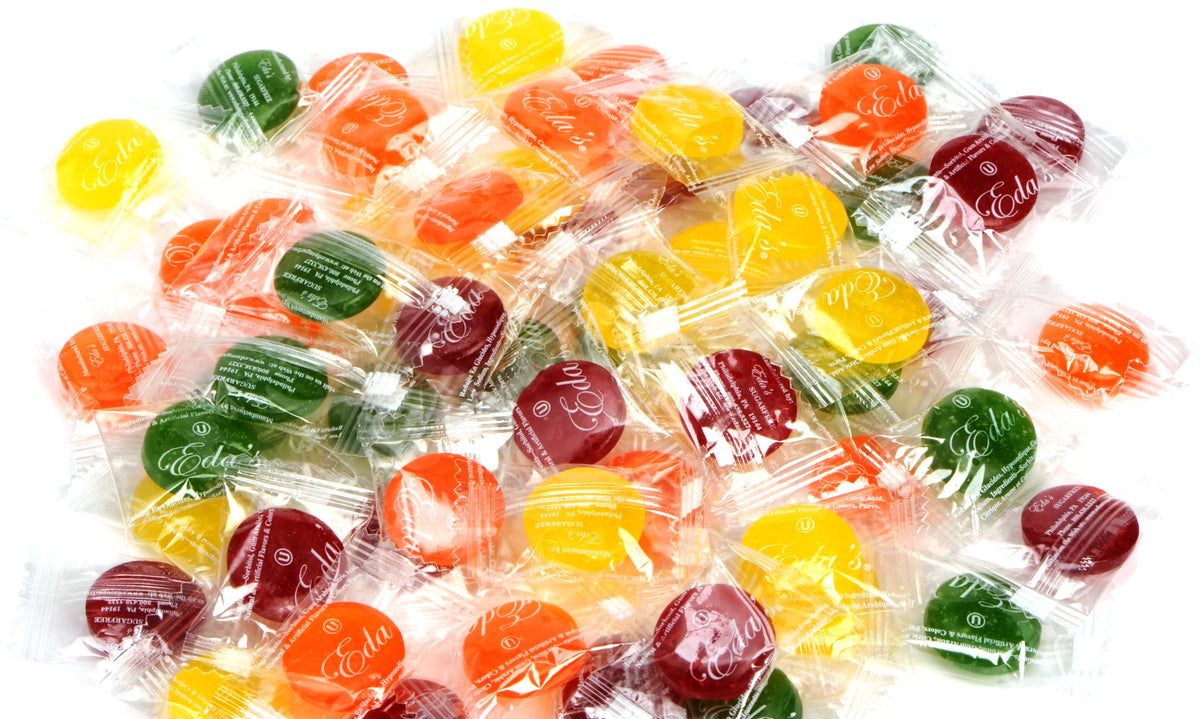 Eda's Sugar Free Sour Mix Hard Candy package showing tangy flavors, ideal for sugar-free snacking on the go.