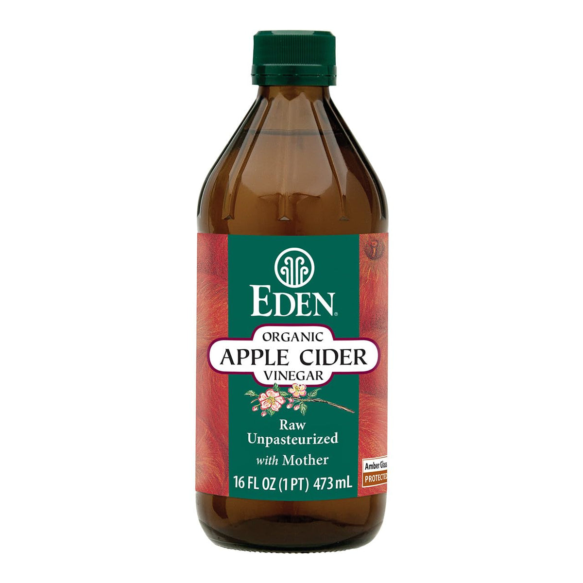 Eden Apple Cider Vinegar bottle in amber glass preserves flavor and nutrients.