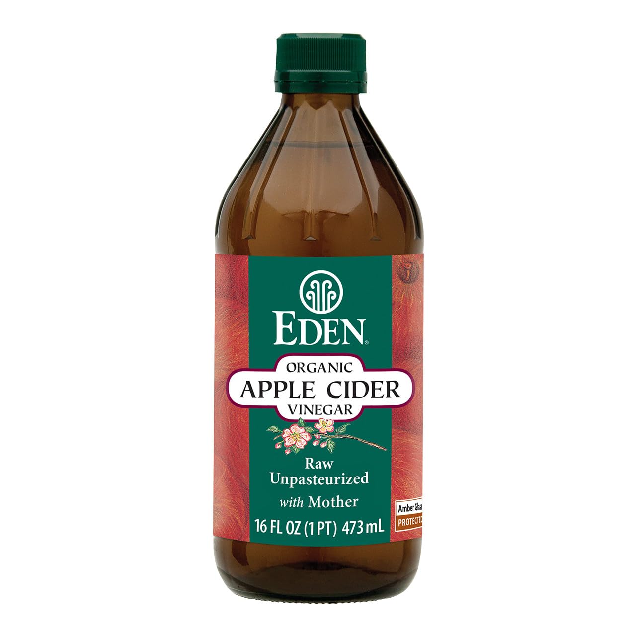 Eden Apple Cider Vinegar bottle in amber glass preserves flavor and nutrients.