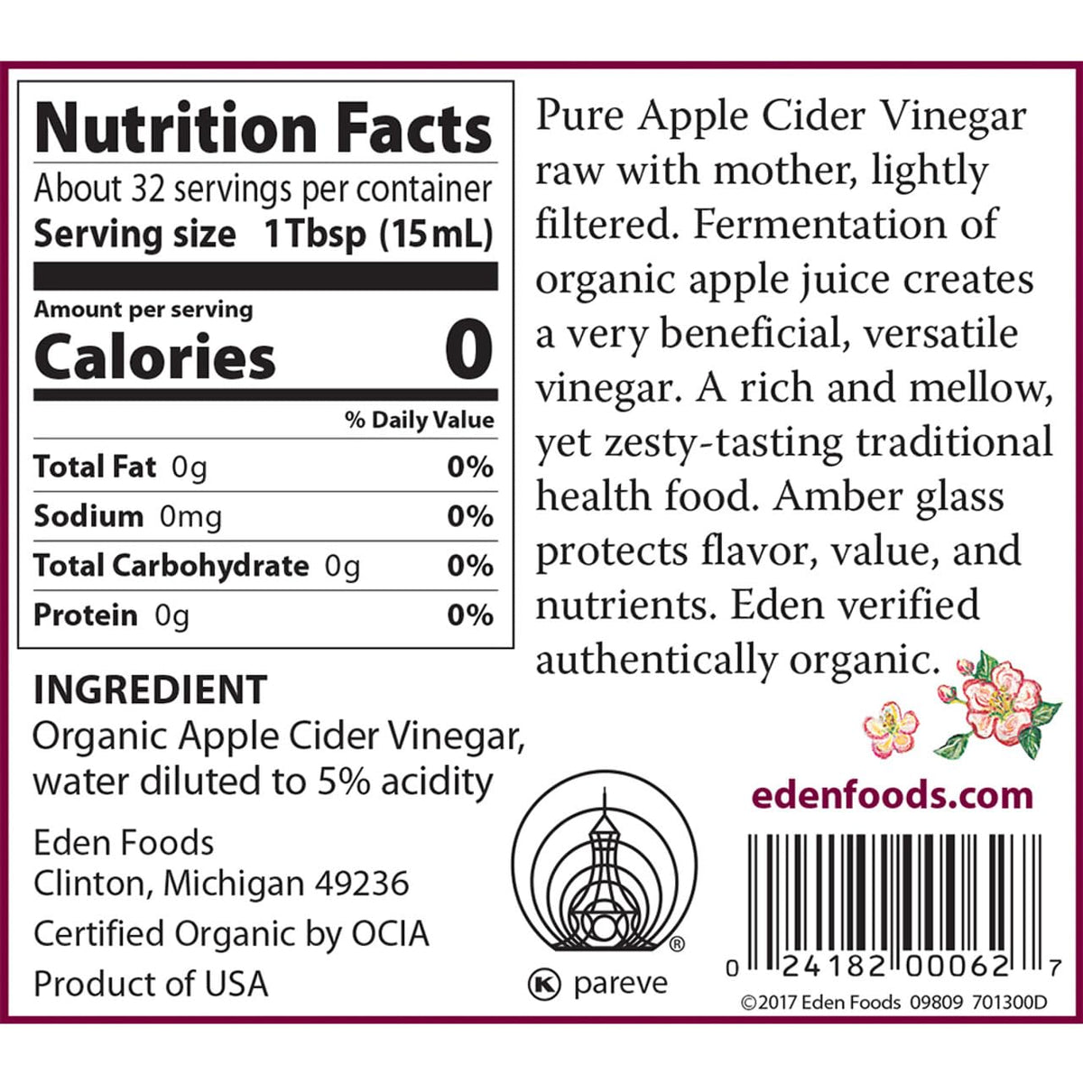 Eden Apple Cider Vinegar with mother shows the cloudy, raw quality.