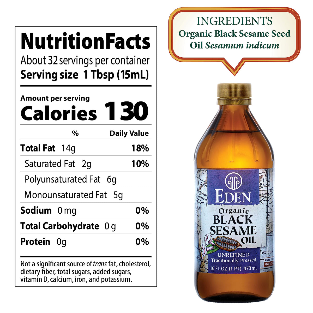 Eden Black Sesame Oil amber glass bottle close-up highlights natural unrefined flavor