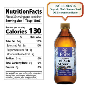 Eden Black Sesame Oil amber glass bottle close-up highlights natural unrefined flavor