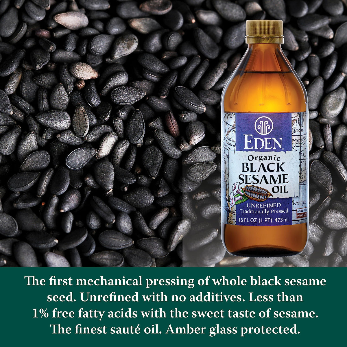 Eden Black Sesame Oil label detail shows 100% black sesame seed origin