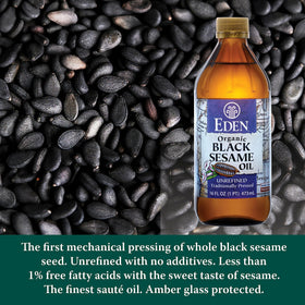 Eden Black Sesame Oil label detail shows 100% black sesame seed origin