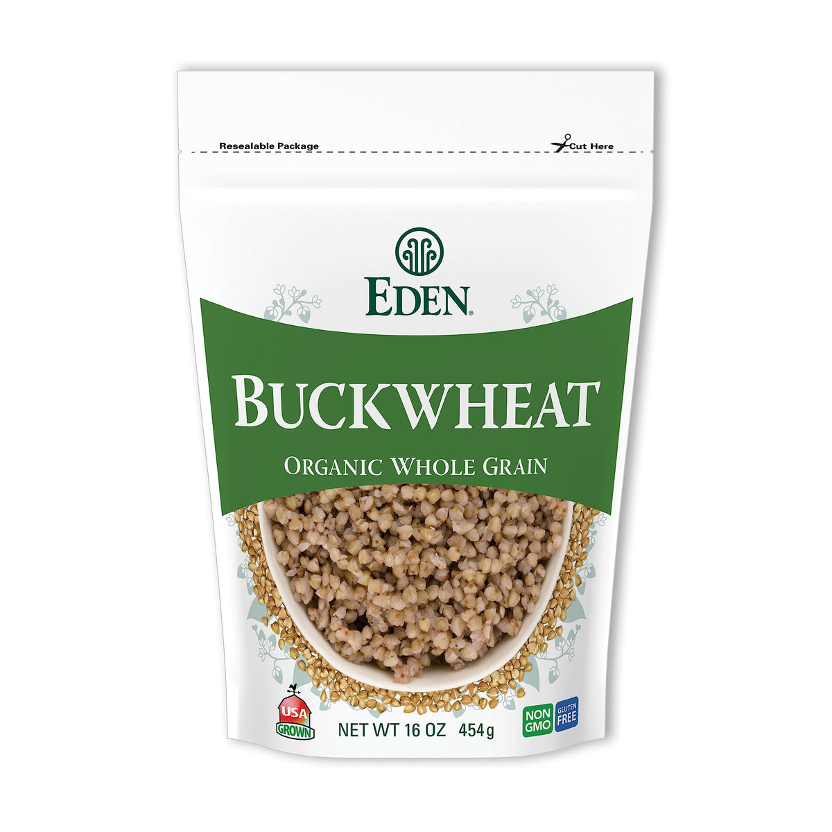 EDEN FOODS Organic Buckwheat Hulled Whole Grain packaging on a kitchen counter.