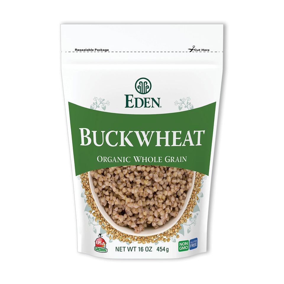 EDEN FOODS Organic Buckwheat Hulled Whole Grain packaging on a kitchen counter.