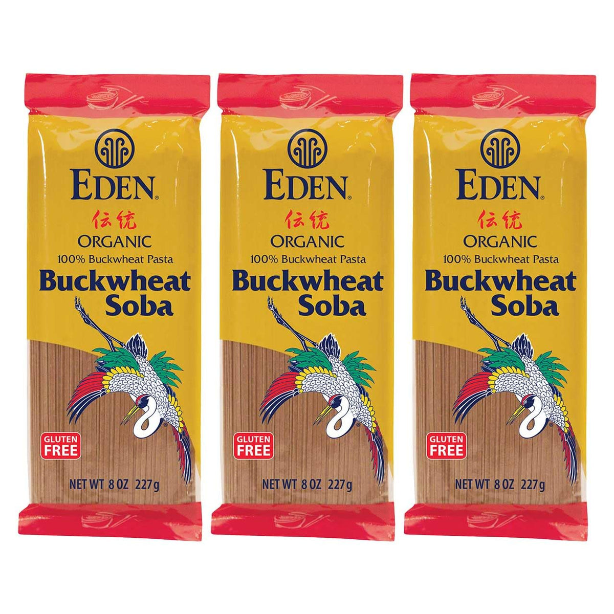 Eden buckwheat soba packaging shows a 3-pack, gluten-free option.