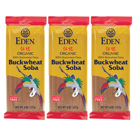 Eden buckwheat soba packaging shows a 3-pack, gluten-free option.