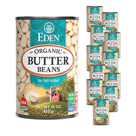 Eden Organic Butter Beans can front showing no salt added and USA grown for plant-based protein.