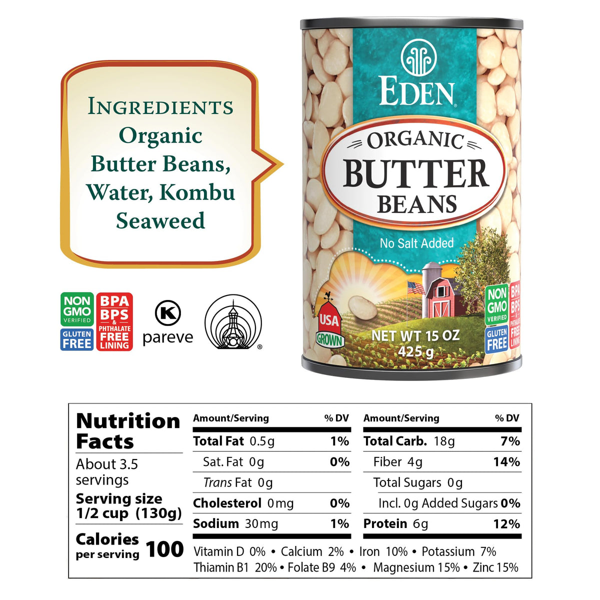 Eden Butter Beans label closeup highlighting non-GMO status and natural ingredients.