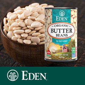 Eden Butter Beans pantry stack suggests convenient 12-pack pantry shelf.