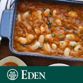 Eden Butter Beans meat-free soup pot scene implies quick meal ideas.