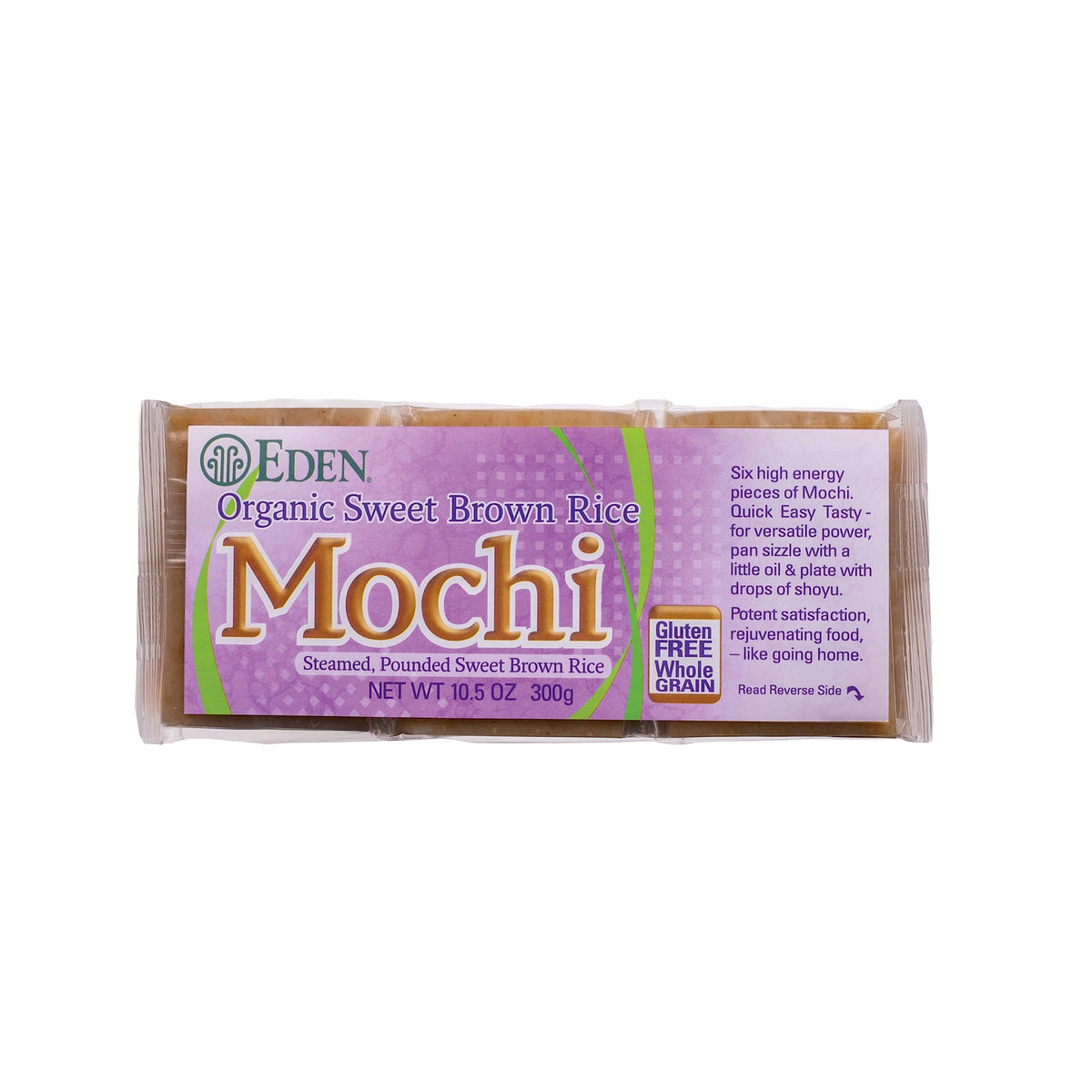 Eden Foods Organic Sweet Brown Rice Mochi packaging highlights a convenient gluten-free snack.