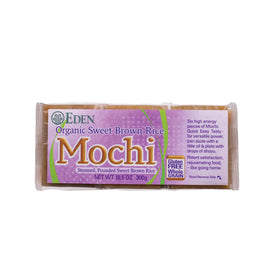 Eden Foods Organic Sweet Brown Rice Mochi packaging highlights a convenient gluten-free snack.