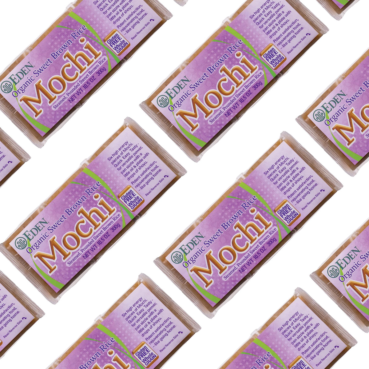 Gluten-free facility badge on Eden Foods Organic Sweet Brown Rice Mochi packaging.