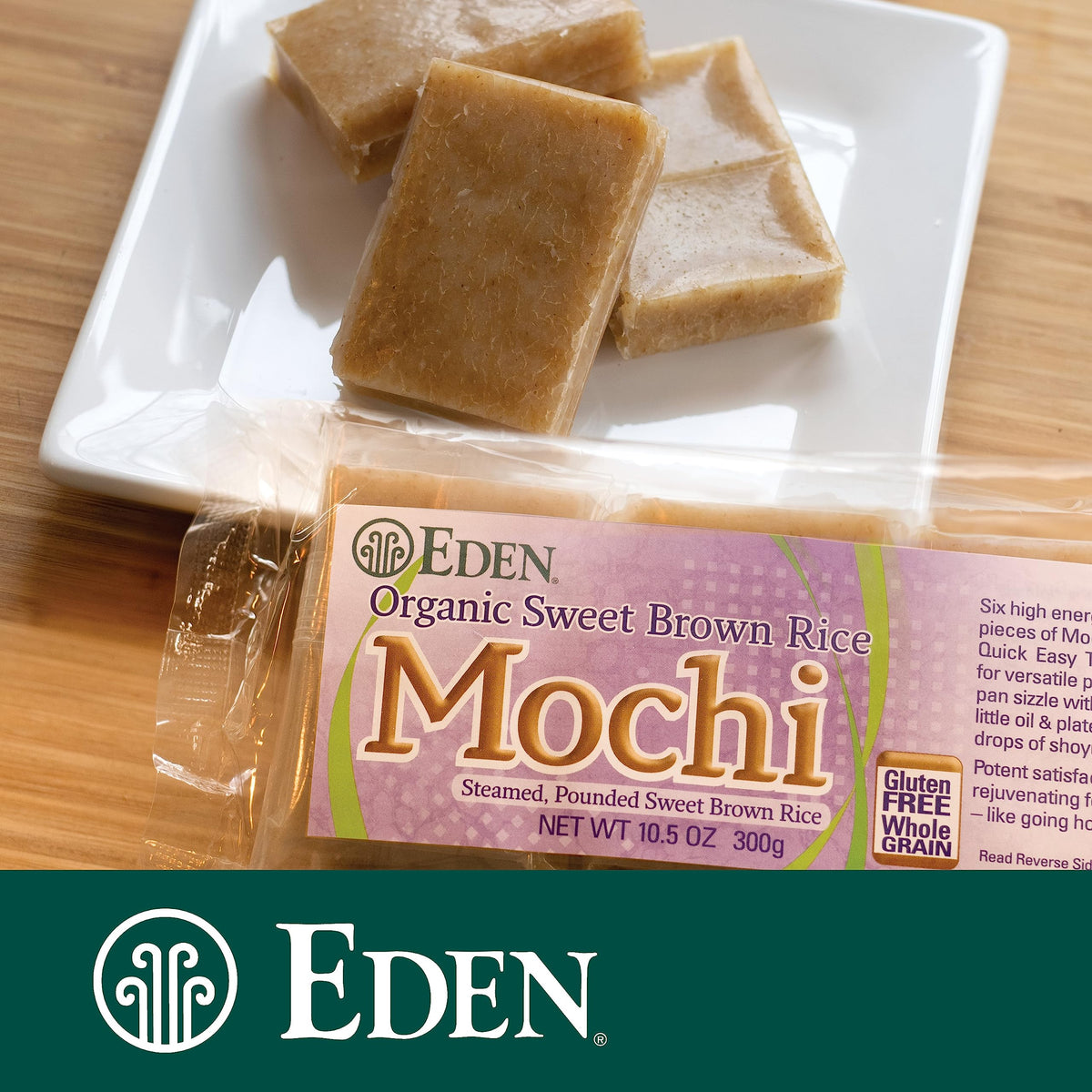 Sliced Eden Foods Organic Sweet Brown Rice Mochi ready for sharing and topping ideas.